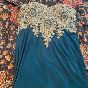 Blue and Gold Strapless Gown for Prom